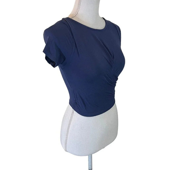 Windsor Dusty Blue Cropped Top XS Short Sleeve Stretch Draped Ruched Knit Blouse - Picture 2 of 5